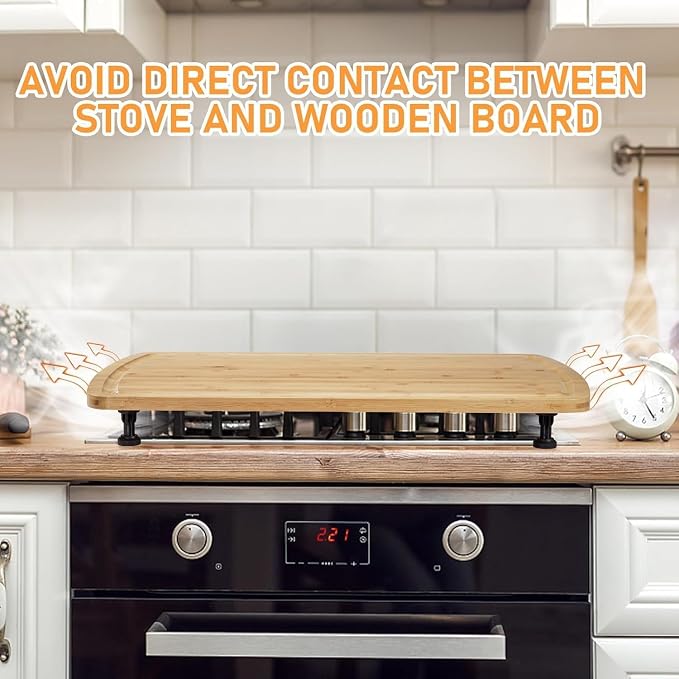 30" X 20" Bamboo Noodle Board Stove Cover: Removable Legs, Multi-Functional Countertop Cutting Board - Thickened Stovetop Cover for Electric/Gas Stoves, RV & Sink (Deep Grooves, Non-Slip)