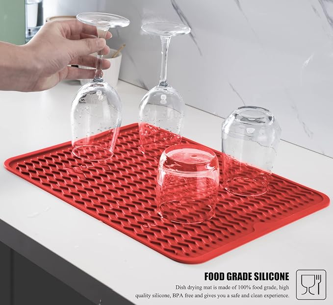 Silicone Dish Drying Mat, Non-Slip Easy Clean Sink Mat, Red, 17" x 14" | Quick-Dry Ridges, Large Heat-resistant Dish Drainer Mat for Kitchen Counter, Hangable & Roll-Up for Storage, Dishwasher Safe