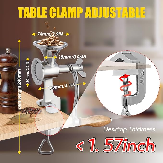 CGOLDENWALL Manual Grain Mill Stainless Steel Grinder Hand-operated Coffee Grinder with Fineness-adjustable Spring for Spice Pepper Corn Coffee Beans Grains