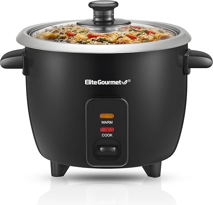 Elite Gourmet ERC003BX Rice Cooker, Keep Warm, Black, 6 Cups Cooked | 3 Cups Uncooked - Also Makes Soups, Stews, Grains and Hot Cereals for Versatile One-Pot Meals