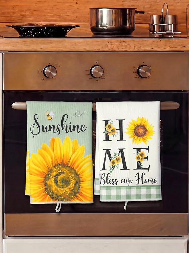 4 Pcs Sunflower Kitchen Towels Sage Green Hand Dish Towels Gifts | Absorbent Sunshine Grid Fast Drying Tea Clothes Floral Decor Housewarming Gift for Cooking Bathroom Kitchen Decor