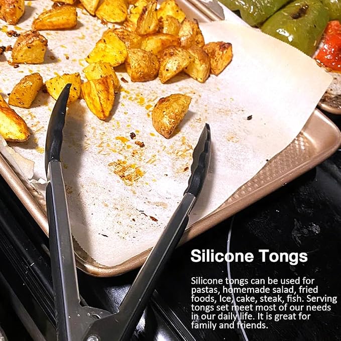9 Inch Kitchen Tongs with Silicone Tips Set of 3(Black) | Stainless Steel Handle, Non-Scratch, Heat Resistant