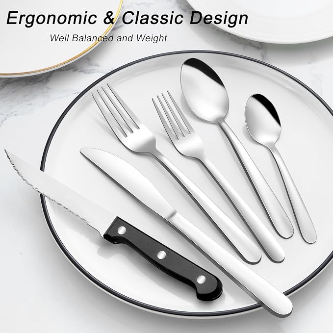 Pleafind 72-Pieces Silverware Set for 12, Flatware Set with Triple Rivet Steak Knives, Stainless Steel Cutlery Set, Include Forks Spoons and Knives Set, Utensil Sets for Home Restaurant