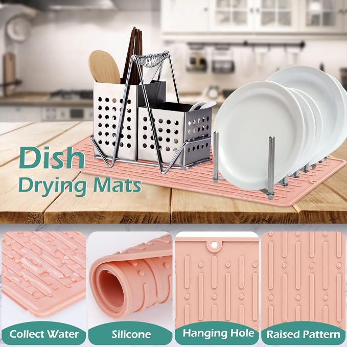 Dish Drying Mats, Heat-resistant Silicone Mat for Kitchen Counter, Non-Slip Dish Dry Mat Dishwasher Safe Large, Pink