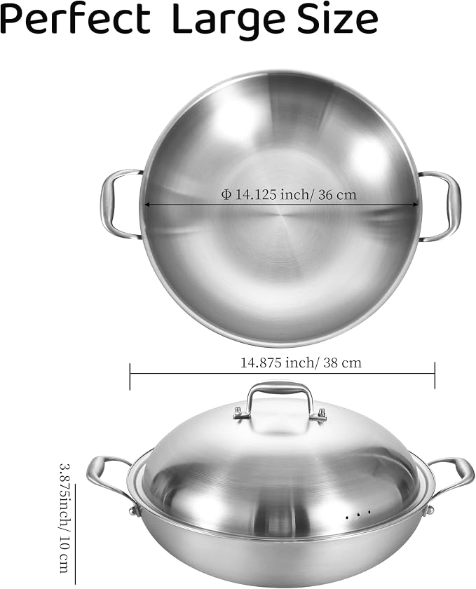 14.5 Inch Stainless Steel Wok with Steel Lid | Jumbo Cooker | Dual Handles | Large | Uncoated Tri-Ply Stir Fry Pan | Everyday Cooking Wok for Induction | Flat Bottom | PFOA-FREE | 6-8 Servings ﻿