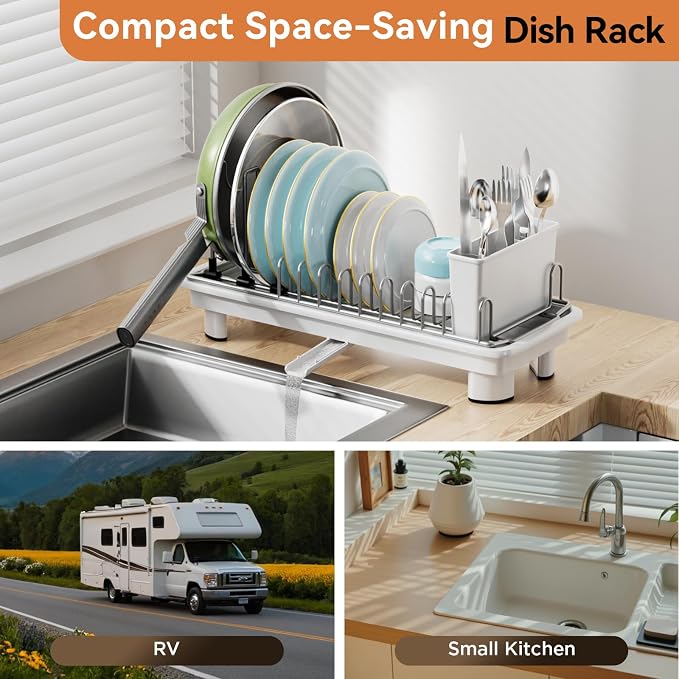 Laveshop Small Dish Drying Rack, Compact Dish Drainer for Kitchen Counter, with Adjustable Back Slots, Space-Saving for Small Kitchens, White