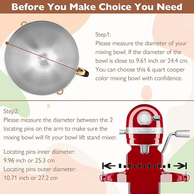 Copper Color 6 Qt Stainless Steel Mixer Bowl for Kitchenaid Bowl-Lift Mixer | 18/8 Stainless Steel, Heavy Duty, Dishwasher Safe, Mixing Bowl for Kitchenaid KP26, KL26, KT26