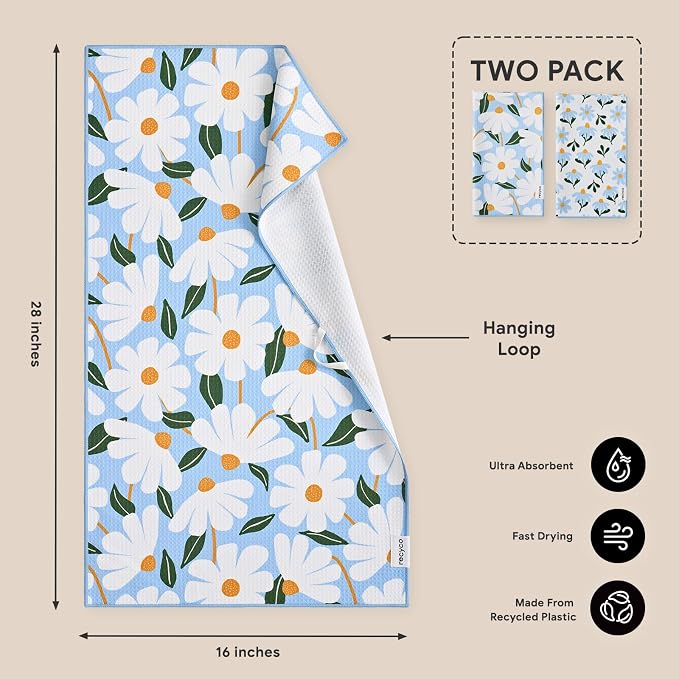 RECYCO Waffle Kitchen Towel Set of 2 - Quick Dry Microfiber Sustainable Dish Towels - Ultra Absorbent Reusable Cleaning Tea Towels - Lightweight Hand Towels,16”x 28”, Daisy Dreams
