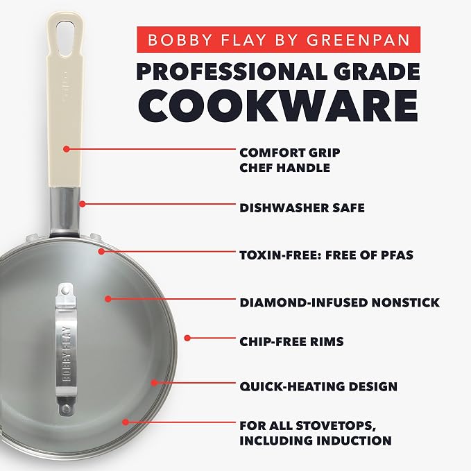 GreenPan x Bobby Flay 1.67QT Ceramic Nonstick Saucepan with Lid, Cream | PFAS-Free Diamond Ceramic Nonstick Chef Pan, Silicone Handle, Induction & All Stovetop Compatible, Dishwasher and Oven Safe