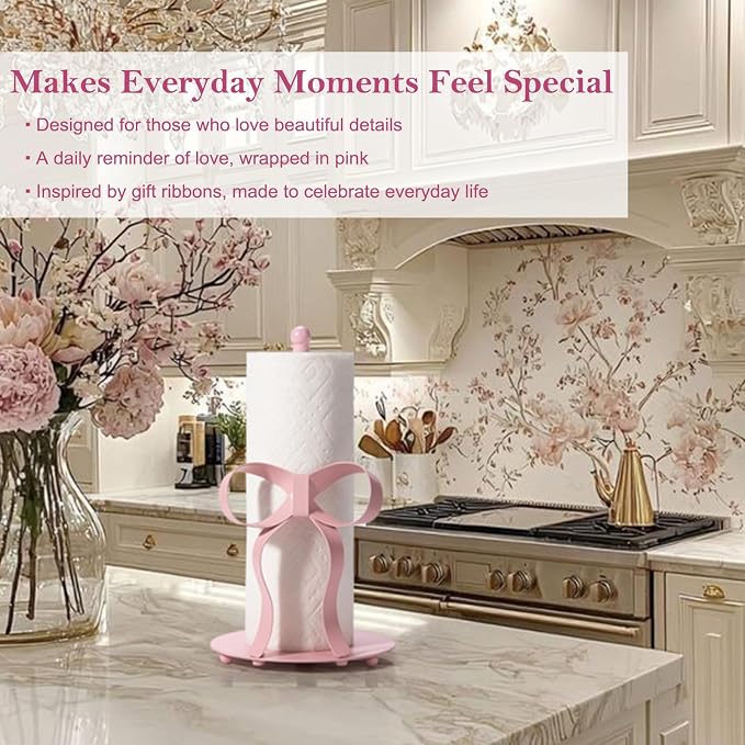 Pink Bow Paper Towel Holder Coutertop - Bow Accent Paper Towel Holder, Pink Kitchen Decor and Accessories, Coquette Room Decor Girly Gifts for Women, 3D Handmade Pattern, Weighted Base