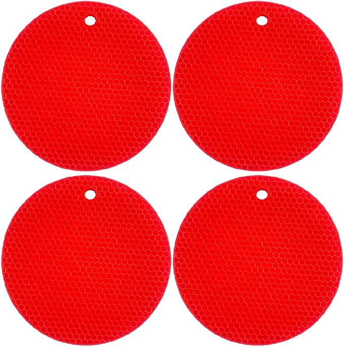 7-Inch Round Trivet Mats - 4 Pack Silicone Hot Pads, Non-Slip Heat Resistant, Dishwasher Safe, Ideal as Round Dab Mat (red)