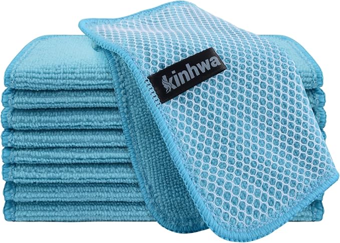 Dish Cloths for Washing Dishes with Scrub Side, Microfiber Dish Rags | Dual-sided microfiber dish cloths with scrubber for stuck-on food, quick dry kitchen washcloths 9 Pack, 7" x 7 Inch Blue