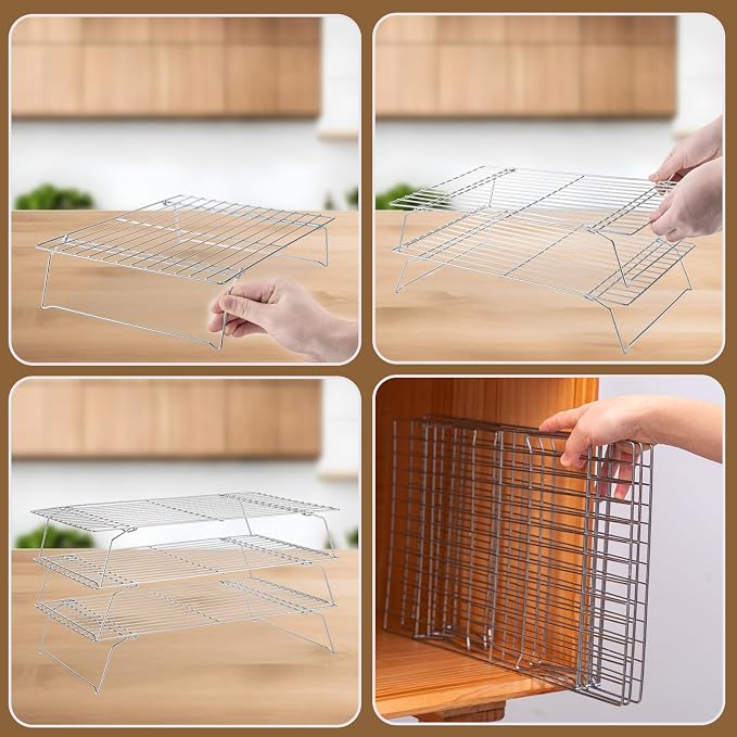 Briout Cooling Rack for Cooking Baking 3 Tiers, 16" x 10" Wire Rack, Silver | Thick Wire Rack, Oven & Dishwasher Safe, for Roasting, Grilling, Drying, Fits Half Sheet Pan