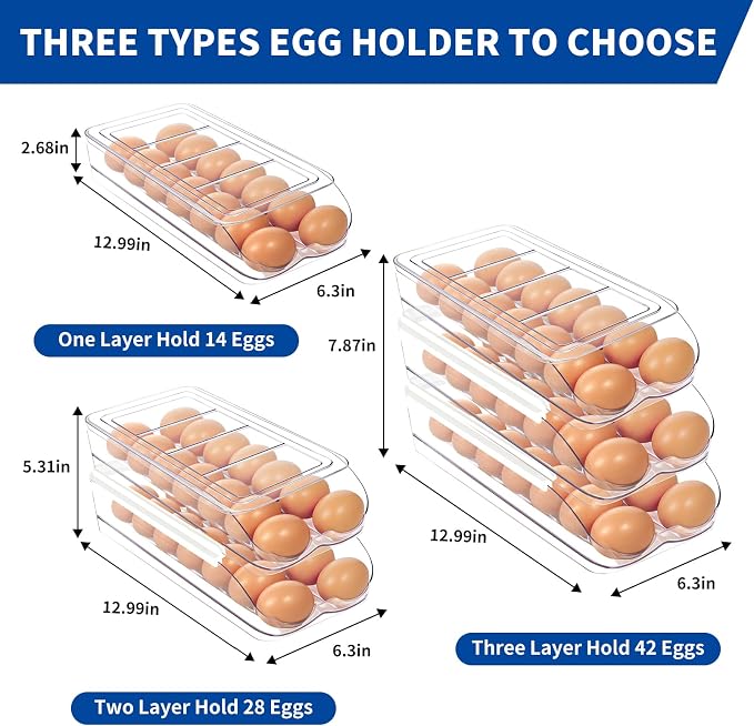 MesRosa Egg Holder for Fridge, Automatic Rolling Egg Organizer -2 Layer | Stackable Clear Egg Container & Tray for Refrigerator, Durable Dispenser and Storage with Sturdy Lid to Saving Space