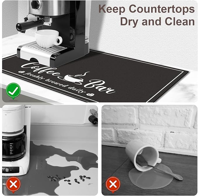 CooRug Fashion Coffee Mat, Dish Drying Mat 16" x 24" Black | Hide Stain, Absorbent, Coffee Bar Accessories, Heat Resistant, Non-slip, Eco-friendly, Easy to Clean