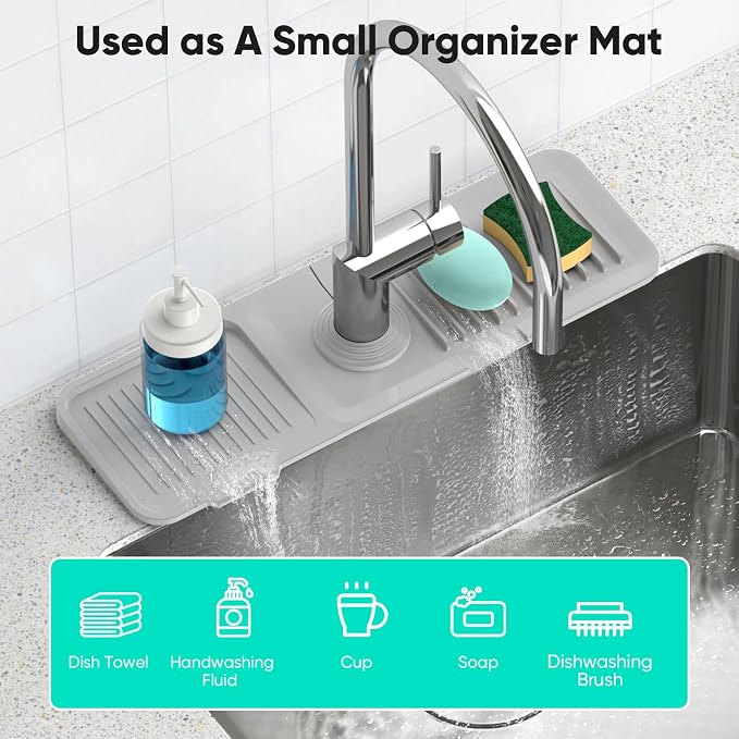 17.7'' Faucet Mat for Kitchen Sink [5°Slope Fast Self-draining] Kitchen Sink Splash Guard Silicone Sink Faucet Mat Splash Guard Kitchen Sink Area Tidy Splash Faucet Guard Draining Mat-Light Gray