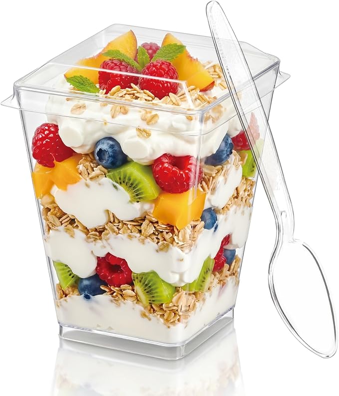 Hiasobre 5 oz Plastic Dessert Cups with Lids and Spoons, 50 Pack | Clear Reusable Square Mini Parfait Appetizer Cups, Shooter Serving Cups, Party Dessert Shot Glasses for Tasting