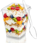 Hiasobre 5 oz Plastic Dessert Cups with Lids and Spoons, 50 Pack | Clear Reusable Square Mini Parfait Appetizer Cups, Shooter Serving Cups, Party Dessert Shot Glasses for Tasting