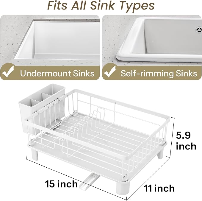 SNTD Dish Drying Rack for Small Kitchen Counter, 11" W x 15" L, White | Space Saving, Rotating Spout & Angled Drainboard for Quick Drainage, Stainless Steel, Removable Utensil Holder