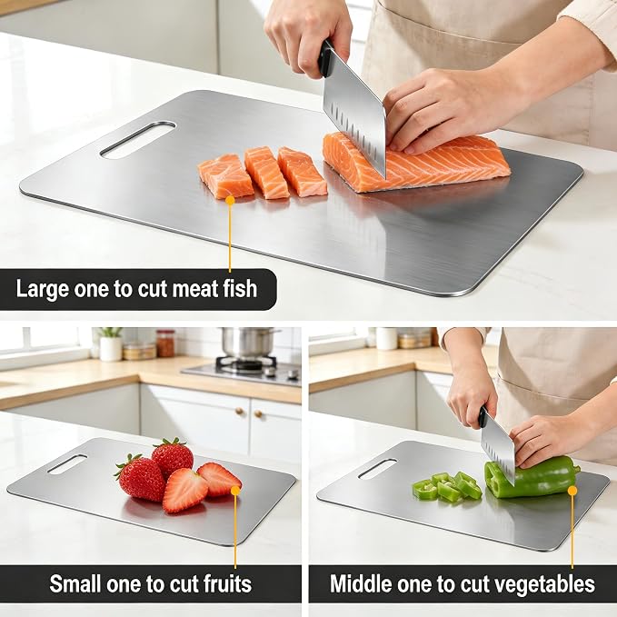 Large Stainless Steel Cutting Board 18"x13", 1.5mm Thick Heavy Duty Large Rectangular Kitchen Board with Handle, Double Sided for Meat Vegetable Fruit