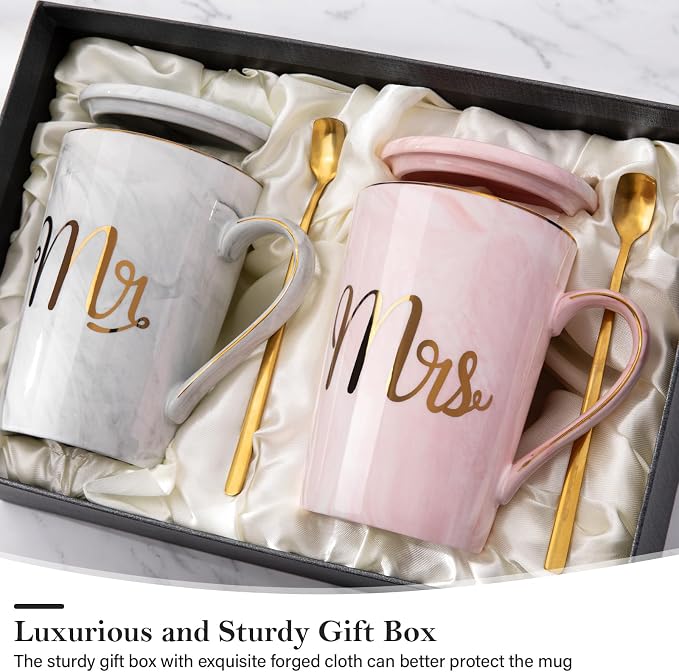 Biching Wedding Gifts for Couples 2026, Bridal Shower Engagement Gift | Gifts for Anniversary Bride and Groom, 14oz Ceramic Mr and Mrs Mug Set with Real Gold Foil, Greeting Card, Gift Box