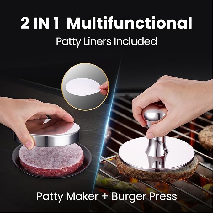 Gourmet Easy Hamburger Press Patty Maker & Smash Burger Press, 2-in-1 Combo | Heavy Duty Burger Mold with Patty Liner, Easy-Clean Design, Premium Mirror Polished, Dishwasher Safe, 5-Year Warranty