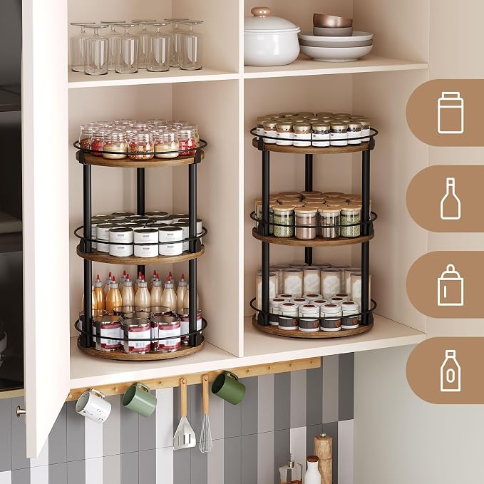 Spice Rack, Set of 2 Lazy Susan Organizer, 3-Tier Turntable Organizer For Cabinet, Compact and Versatile, for Kitchen Countertop, Rustic Brown SR23L2BR
