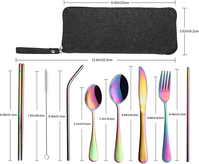 VANDBAO Camping Utensils Set, Portable Travel Utensils with Case for Fixing Tableware, Reusable Stainless Steel Stable Cutlery Set, Lunch Picnic Flatware Silverware (Rainbow Set)