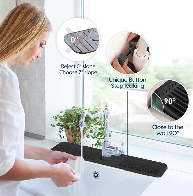 24-Inch Silicone Faucet Mat for Kitchen Sink Splash Guard, 7° Slope | 24"x5.5" water draining mat with fasten button; 1.6-2.75" customizable hole for bathroom, RV & kitchen sink drip catcher.