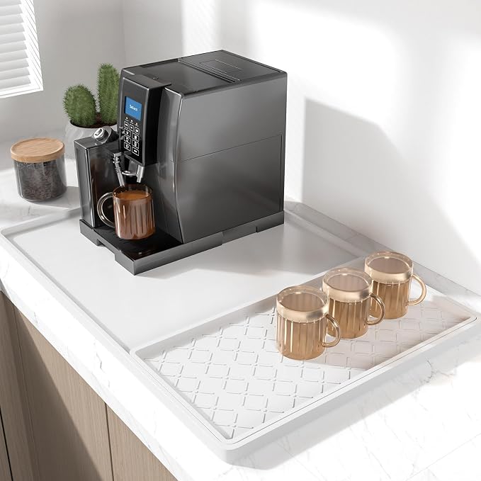 Rnivvi Silicone Coffee Mat, 16" x 24" Waterproof Raised Edge Coffee Bar Mats for Espresso Machine Station Accessories, Heat Resistant Detachable Dish Drying Pad for Kitchen Counter, Dish Rack, White