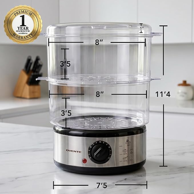 OVENTE 2-Tier Electric Food Steamer, 5 Qt Stainless Steel, Silver FS62S | Stackable Steam Cooker with 400W Power, 60-Minute Timer & Auto Shut-Off, Dishwasher Safe, Healthy Vegetables, Seafood & More