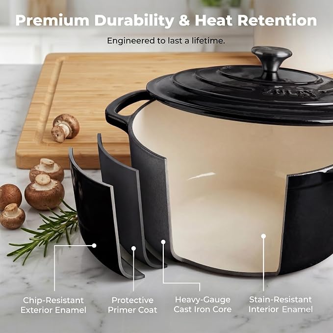 Zulay Kitchen 7.7 Quart Enameled Cast Iron Dutch Oven Pot with Lid – Premium Durability & Oven Safe up to 500°F – Heavy Duty Cookware Perfect for Bread Baking, Stews, Braising & Roasting – Black