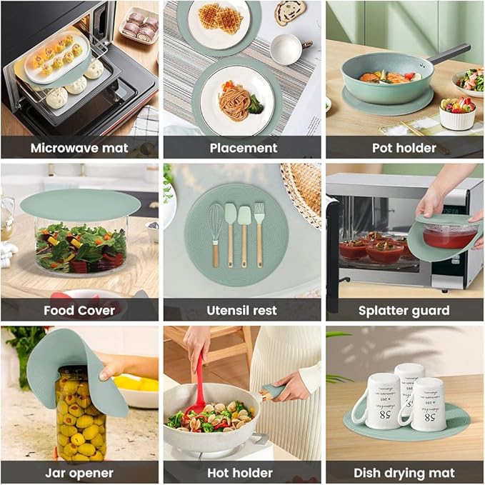 2 in 1 Microwave Splatter Cover Food, Microwave Silicone Mat Place Holders for Multi-use, Silicone Trivet, Pot Holders, Drying, Baking, Utensils Rest for Kitchen Counter Mat