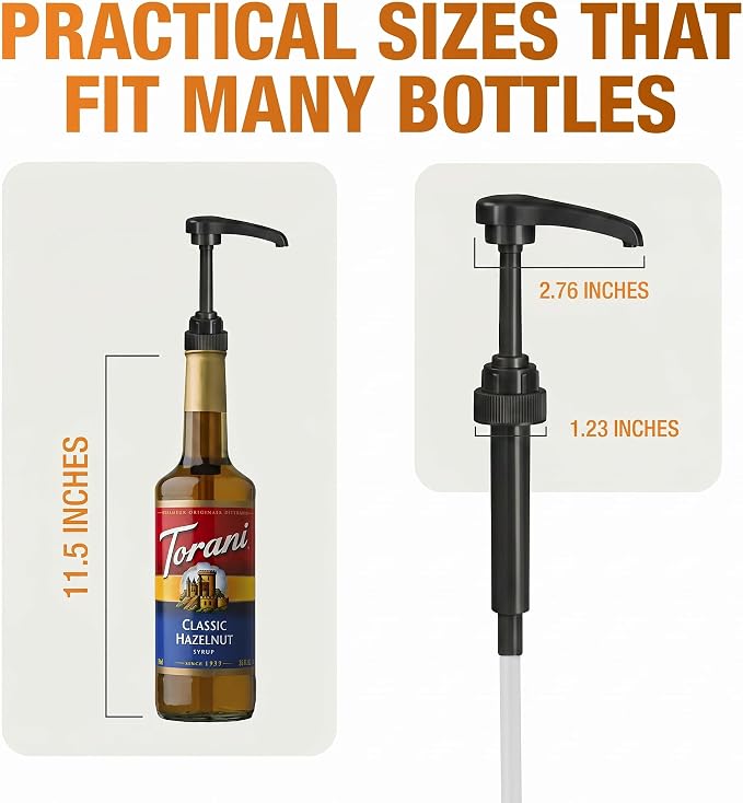 Syrup Pump, Compatible with 750ml Torani, Davinci & Skinny, 2-Pack, Black | Leak-free, 1/4oz precision pump with locking nozzle. Great for coffee bar accessories, dirty soda stations & dessert sauces