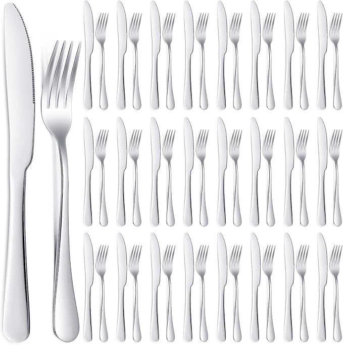 Nuenen 50 Fork Knife Set,8.07 x 0.94 Inch, 9.06 x 0.79 Inch,Shiny Silver | Stainless Steel Flatware, Kitchen Restaurant Dinner Silverware, Durable Party Catering Use, Mirror Polished Finish