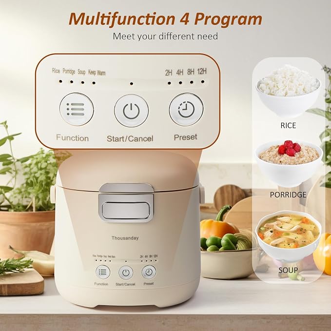 Small Rice Cooker 2 Cups Uncooked, Compact Mini Rice Cooker | for Dorm Travel Office 1-2 Person, 12 Hours Timer Delay & Keep Warm, Beige