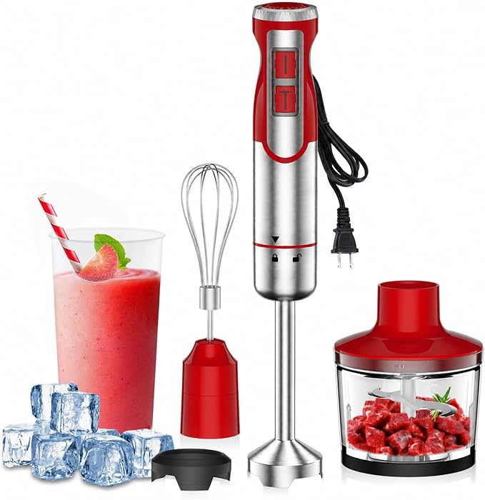 Colarlemo 1800W Immersion Blender Handheld 4-in-1 Hand Blender, Red | Stick Blender for Ice Crushing Smoothie, Baby Food, 8 Speed & Turbo Boost, Stainless Steel Blade with Whisk, Chopper, Beaker