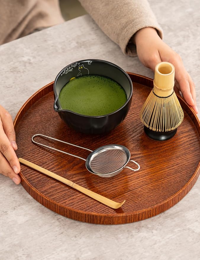 TANG PIN Premium Matcha Set - Japanese Traditional Matcha Making Kit | Matcha Bowl (Chawan), Bamboo Whisk (Chasen) & Holder - Complete Matcha Maker Starter Tools for Matcha Tea & Latt (Cat)