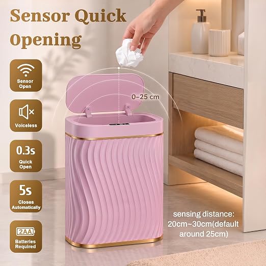 2.6 Gallon Automatic Bathroom Trash Can with Touchless Lid,Pink Gold | Motion Sensor Trash Can with Slim Waterproof Body; Small Plastic Garbage Can, hands-free lid for Bedroom, office, and kitchen