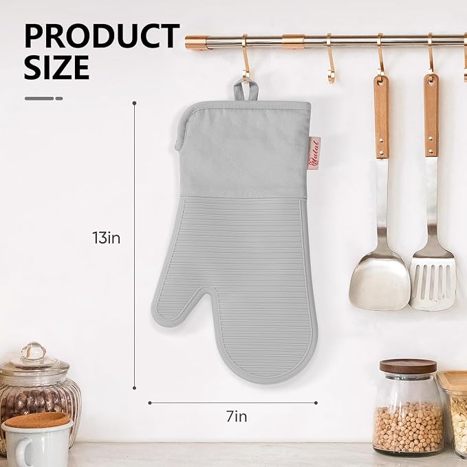 YUTAT Silicone Oven Mitts,High Heat Resistant Up to 500 Degrees,Waterproof Cooking Gloves with Soft Polyester Filling,Kitchen Potholder Set - Perfect for BBQ,Baking and Cooking,Grey,2 Pcs Set