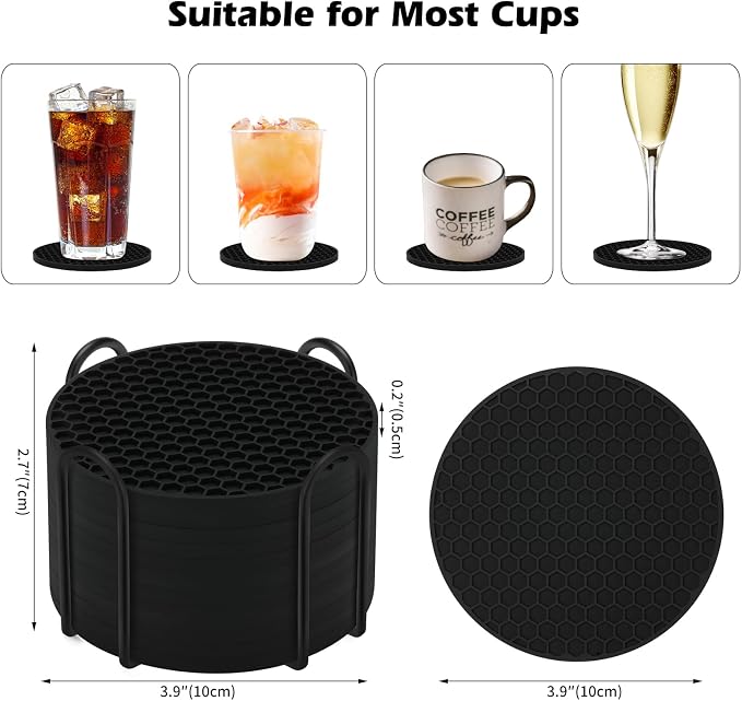 TWTLi Silicone Coasters Set of 12 with Holder — Non-Slip Drink Coasters for Coffee Table, Home Bar & Kitchen, Protects Wood & Marble Surfaces from Water Rings, Dishwasher Safe (12 Pcs, Black)