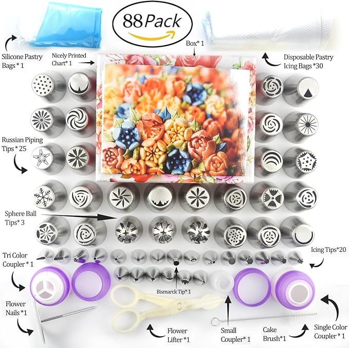 Russian Piping Tips for Cake Decorating – 88Pcs Flower Icing & Frosting Nozzles Set – Complete Pastry Baking Tools Kit – Small & Large Floral Piping Tips for Cupcakes, Cookies & Professional Bakers