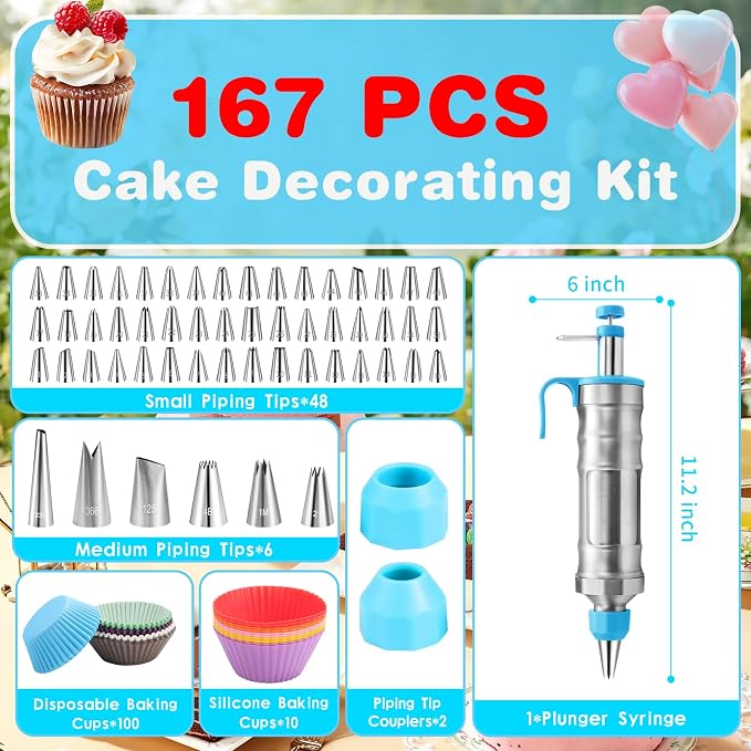 167-Piece Cake Decorating Kit, Icing Dispenser, 54 Tips, Light Blue | 100 Disposable Baking Cups, 10 Silicone Baking Cups, 2 Couplers, Instruction Manual, Stainless Steel Dispenser