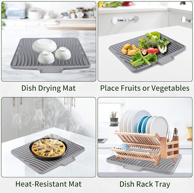Silicone Dish Drying Mat for Kitchen Counter, 16" x 13" Grey-1pcs | Heat Resistant & Non-Slip Dish Drain Pad with Built-In Drain, Quick-Dry, Hangable & Roll-Up for Storage，Multi-Functional Use