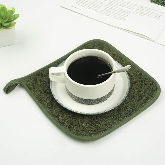 Pot Holders for Kitchen, 100% Cotton Terry Pot Holder Set of 5, Heat Resistant Hot Pads for Cooking, Baking, Hot Dishes and Countertop Protection, Olive Green
