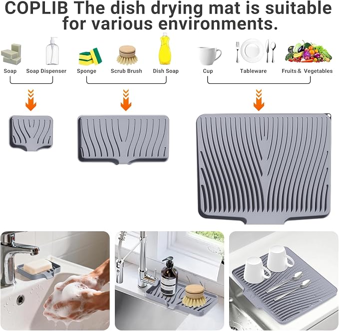 Silicone Dish Drying Mat for Kitchen counter | 15.8"x13" Dish Drainer Mat,Heat-Resistant Kitchen Counter Mat & Over-Sink Drying Tray, Can Be Hung,Grey-1Set