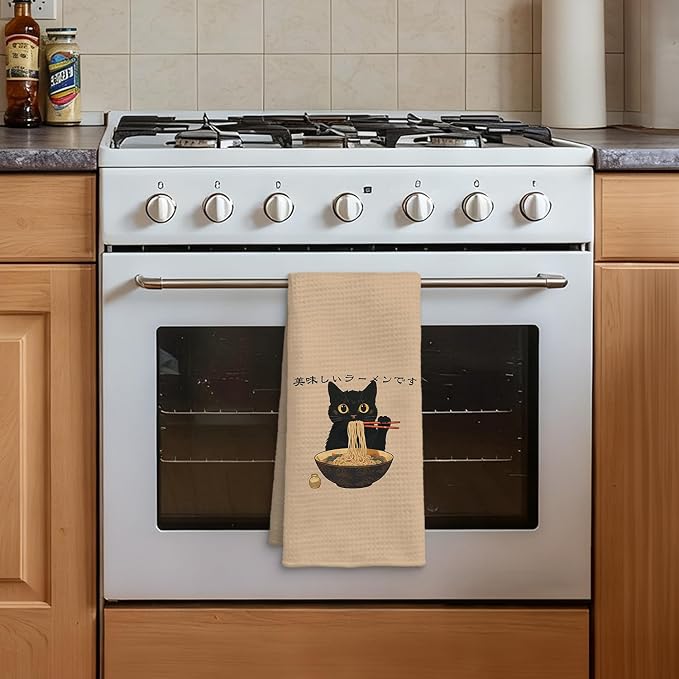 Funny Black Cat Kitchen Towel, Sushi Cat Lover Gifts Dish Towel, Japanese Ramen Noodles Sushi Black Kitty Decorative Hand Towel 16x24 Inch(A)