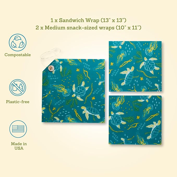 Bee's Wrap Beeswax Food Wraps, 2 Medium & Sandwich Pack - Ocean | Organic Beeswax Wraps - Plastic Free - Reusable Food Storage - Lunches & Leftovers - Made in USA