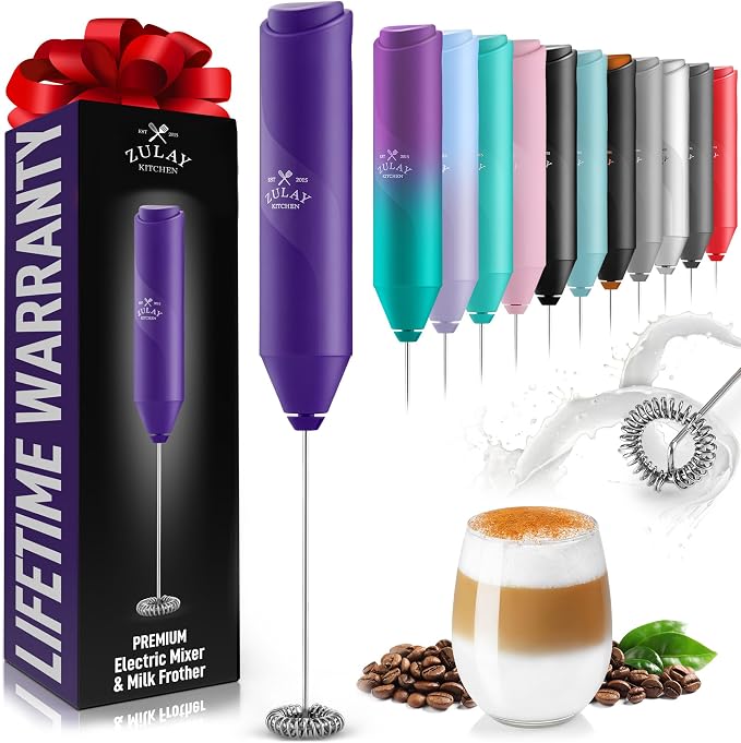 Zulay Kitchen Powerful Milk Frother Wand - Handheld Stainless Steel - Battery Operated Drink Mixer for Coffee, Lattes, Cappuccino, Matcha - Froth Mate Frother Gift - Blackberry Purple