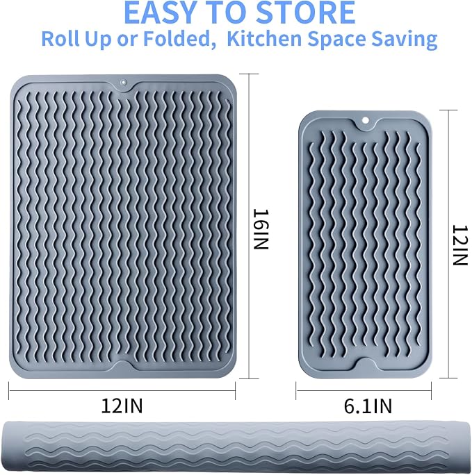 Silicone Dish Drying Mat - 2 Packs of Non-Slip Silicone Mat Easy Clean Drying Mat Large Heat-Resistant Dish Drainer Mat for Kitchen Counter, Sink, Refrigerator or Drawer Liner(16"x12", 12''x 6'' GREY)